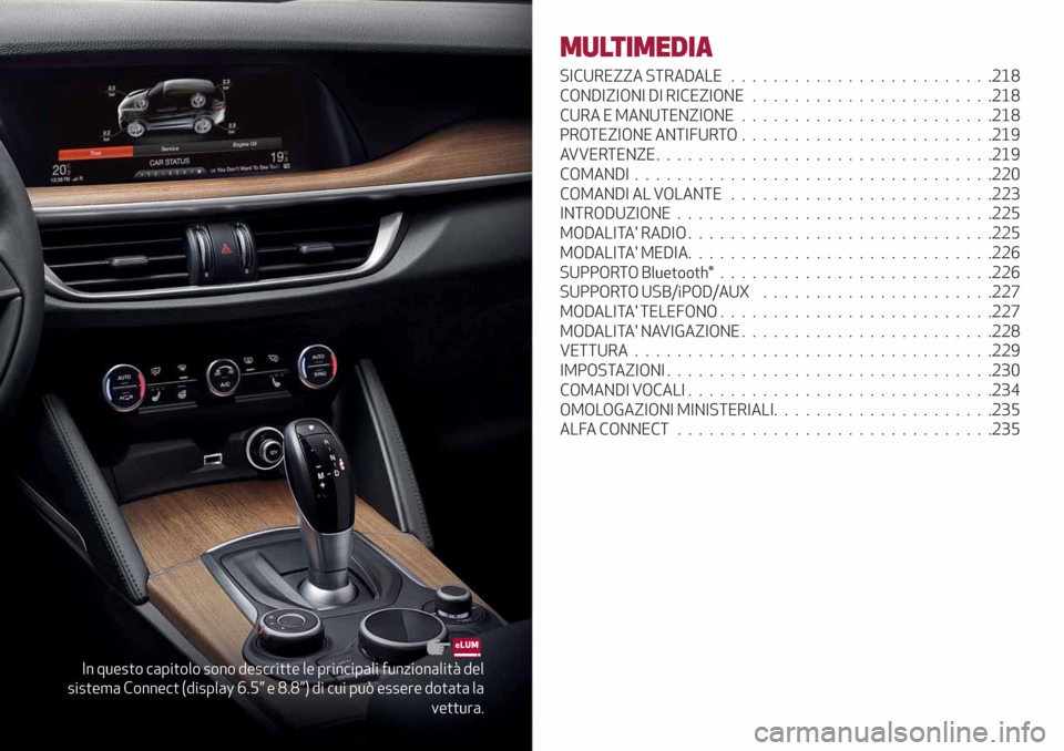 Alfa Romeo Stelvio 2019  Manuale del proprietario (in Italian) In questo capitolo sono descritte le principali funzionalità del
sistema Connect (display 6.5” e 8.8”) di cui può essere dotata la
vettura.
MULTIMEDIA
SICUREZZA STRADALE . ......................