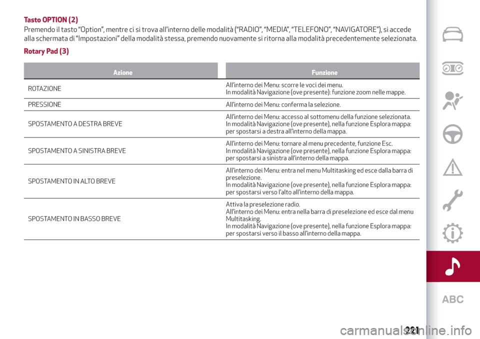 Alfa Romeo Stelvio 2019  Manuale del proprietario (in Italian) Tasto OPTION (2)
Premendo il tasto “Option”, mentre ci si trova allinterno delle modalità (“RADIO”, “MEDIA”, “TELEFONO”, “NAVIGATORE”), si accede
alla schermata di “Impostazion