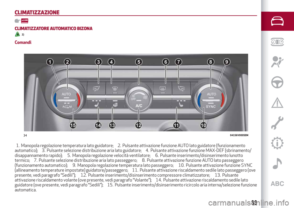 Alfa Romeo Stelvio 2019 Manuale del proprietario (in Italian) CLIMATIZZAZIONE
CLIMATIZZATORE AUTOMATICO BIZONA
2)
Comandi
1. Manopola regolazione temperatura lato guidatore; 2. Pulsante attivazione funzione AUTO lato guidatore (funzionamento
automatico); 3. Puls Alfa Romeo Stelvio 2019 Manuale del proprietario (in Italian) CLIMATIZZAZIONE
CLIMATIZZATORE AUTOMATICO BIZONA
2)
Comandi
1. Manopola regolazione temperatura lato guidatore; 2. Pulsante attivazione funzione AUTO lato guidatore (funzionamento
automatico); 3. Puls