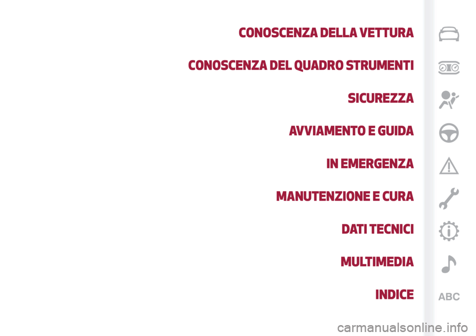 Alfa Romeo Stelvio 2019  Manuale del proprietario (in Italian) CONOSCENZA DELLA VETTURA
CONOSCENZA DEL QUADRO STRUMENTI
SICUREZZA
AVVIAMENTO E GUIDA
IN EMERGENZA
MANUTENZIONE E CURA
DATI TECNICI
MULTIMEDIA
INDICE 