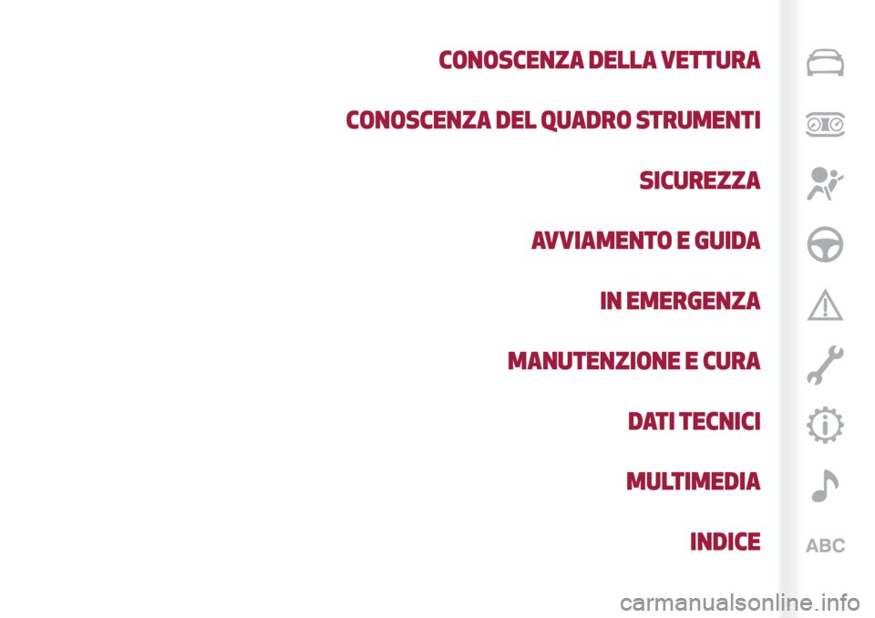 Alfa Romeo Stelvio 2019 Manuale del proprietario (in Italian) CONOSCENZA DELLA VETTURA
CONOSCENZA DEL QUADRO STRUMENTI
SICUREZZA
AVVIAMENTO E GUIDA
IN EMERGENZA
MANUTENZIONE E CURA
DATI TECNICI
MULTIMEDIA
INDICE Alfa Romeo Stelvio 2019 Manuale del proprietario (in Italian) CONOSCENZA DELLA VETTURA
CONOSCENZA DEL QUADRO STRUMENTI
SICUREZZA
AVVIAMENTO E GUIDA
IN EMERGENZA
MANUTENZIONE E CURA
DATI TECNICI
MULTIMEDIA
INDICE