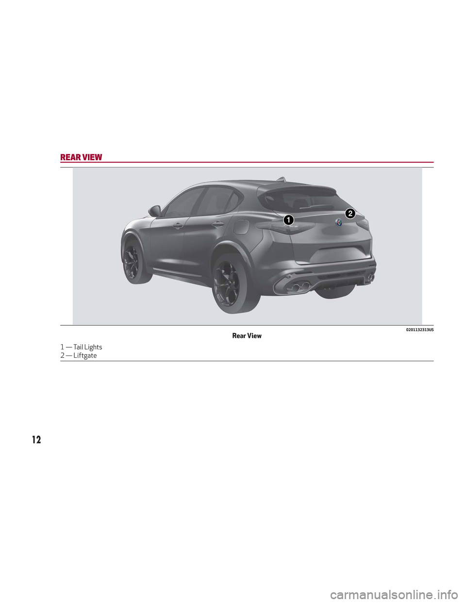 Alfa Romeo Stelvio 2018 User Guide REAR VIEW
0201132313USRear View
1 — Tail Lights
2 — Liftgate
12 Alfa Romeo Stelvio 2018 User Guide REAR VIEW
0201132313USRear View
1 — Tail Lights
2 — Liftgate
12