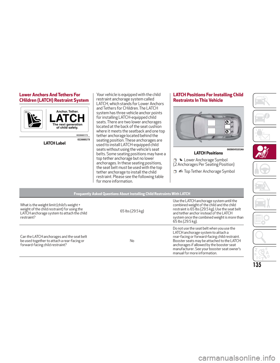 Alfa Romeo Stelvio 2018 Owners Manual Lower Anchors And Tethers For
CHildren (LATCH) Restraint SystemYour vehicle is equipped with the child
restraint anchorage system called
LATCH, which stands for Lower Anchors
and Tethers for CHildren. Alfa Romeo Stelvio 2018 Owners Manual Lower Anchors And Tethers For
CHildren (LATCH) Restraint SystemYour vehicle is equipped with the child
restraint anchorage system called
LATCH, which stands for Lower Anchors
and Tethers for CHildren.