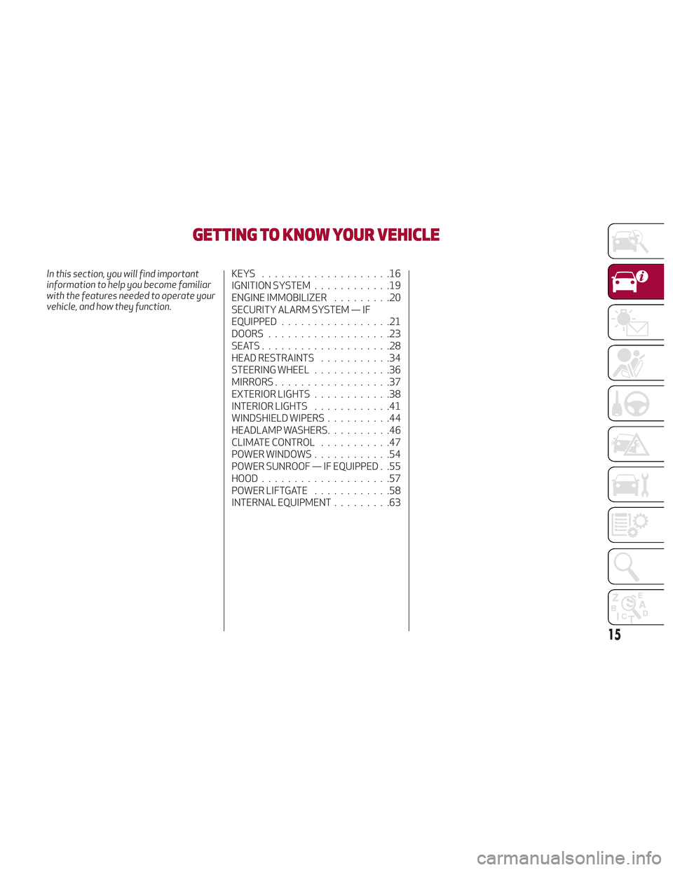 Alfa Romeo Stelvio 2018 Owners Manual GETTING TO KNOW YOUR VEHICLE
In this section, you will find important
information to help you become familiar
with the features needed to operate your
vehicle, and how they function.KEYS ............. Alfa Romeo Stelvio 2018 Owners Manual GETTING TO KNOW YOUR VEHICLE
In this section, you will find important
information to help you become familiar
with the features needed to operate your
vehicle, and how they function.KEYS .............