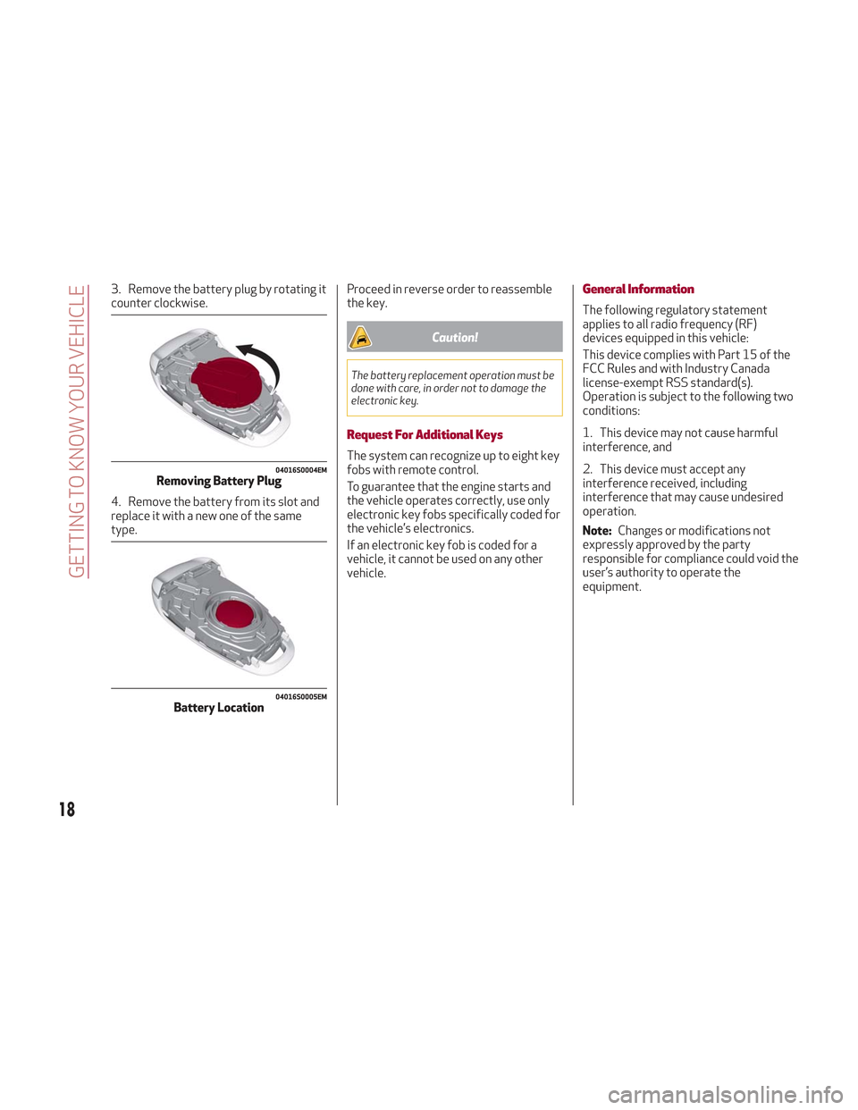 Alfa Romeo Stelvio 2018 User Guide 3. Remove the battery plug by rotating it
counter clockwise.
4. Remove the battery from its slot and
replace it with a new one of the same
type.Proceed in reverse order to reassemble
the key.
Caution! Alfa Romeo Stelvio 2018 User Guide 3. Remove the battery plug by rotating it
counter clockwise.
4. Remove the battery from its slot and
replace it with a new one of the same
type.Proceed in reverse order to reassemble
the key.
Caution!