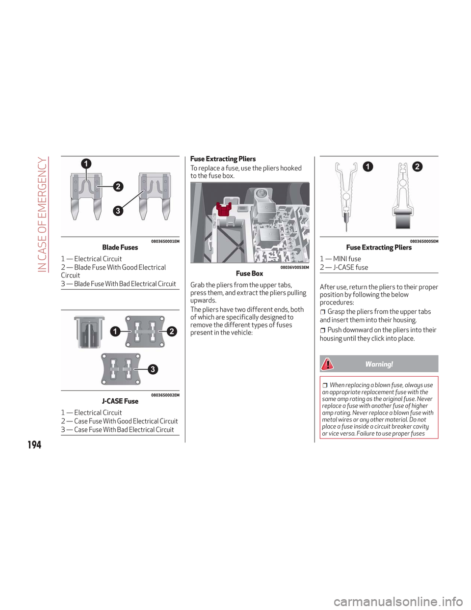 Alfa Romeo Stelvio 2018 User Guide Fuse Extracting Pliers
To replace a fuse, use the pliers hooked
to the fuse box.
Grab the pliers from the upper tabs,
press them, and extract the pliers pulling
upwards.
The pliers have two different 