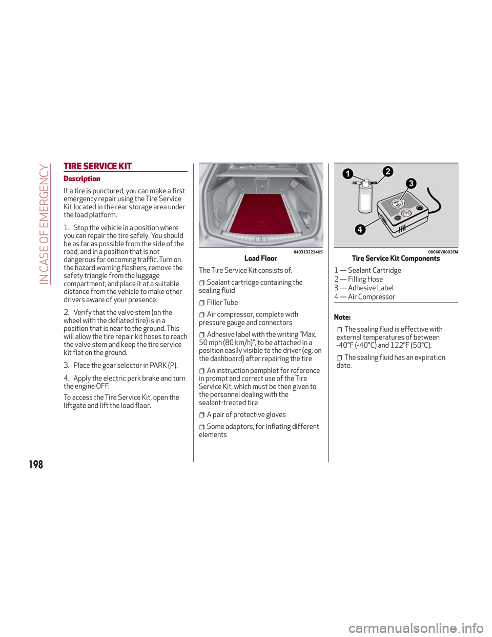 Alfa Romeo Stelvio 2018 Owners Manual TIRE SERVICE KIT
Description
If a tire is punctured, you can make a first
emergency repair using the Tire Service
Kit located in the rear storage area under
the load platform.
1. Stop the vehicle in a Alfa Romeo Stelvio 2018 Owners Manual TIRE SERVICE KIT
Description
If a tire is punctured, you can make a first
emergency repair using the Tire Service
Kit located in the rear storage area under
the load platform.
1. Stop the vehicle in a