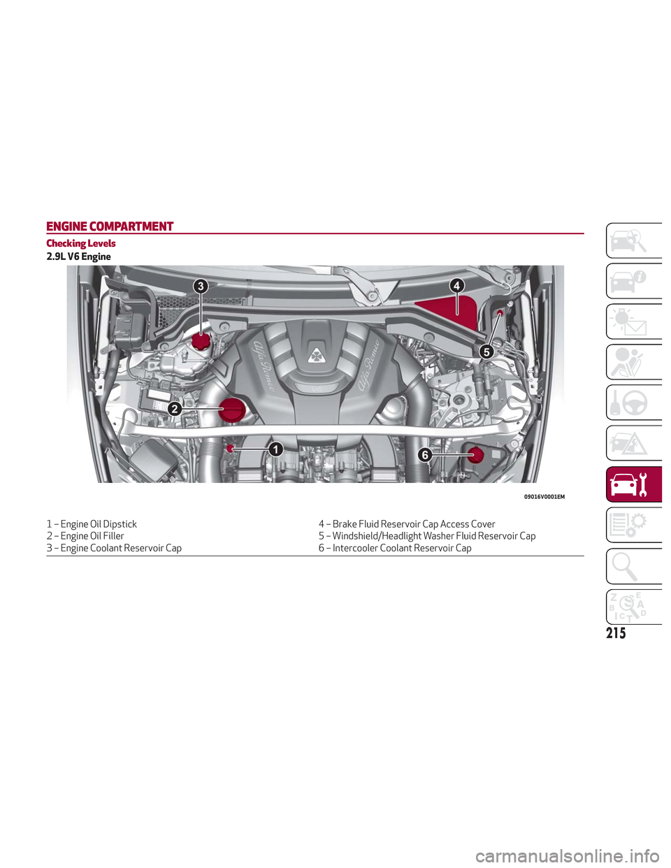 Alfa Romeo Stelvio 2018  Owners Manual ENGINE COMPARTMENT
Checking Levels
2.9L V6 Engine
1 – Engine Oil Dipstick4 – Brake Fluid Reservoir Cap Access Cover
2 – Engine Oil Filler 5 – Windshield/Headlight Washer Fluid Reservoir Cap
3 