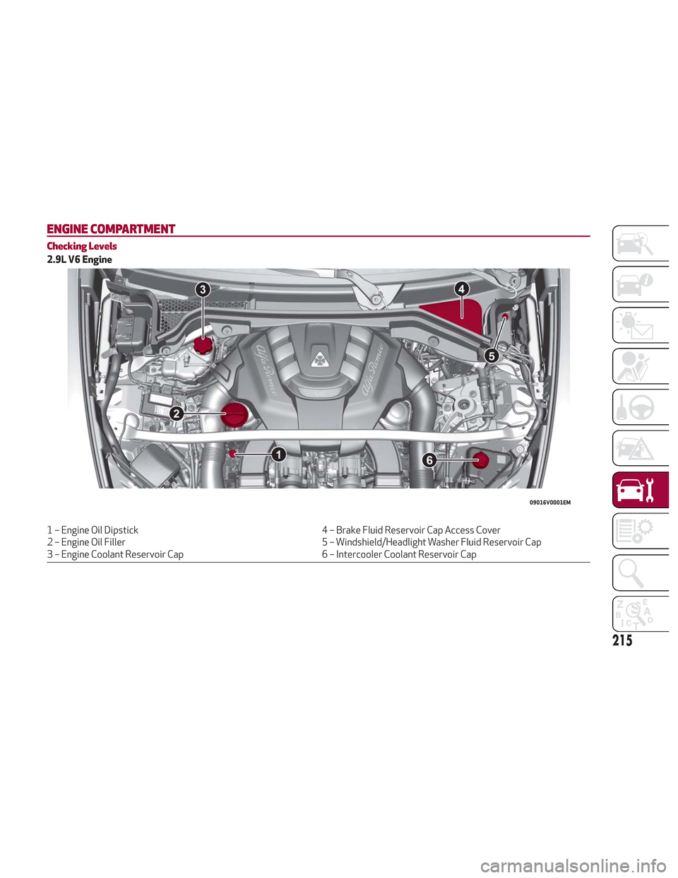 Alfa Romeo Stelvio 2018 Owners Manual ENGINE COMPARTMENT
Checking Levels
2.9L V6 Engine
1 – Engine Oil Dipstick4 – Brake Fluid Reservoir Cap Access Cover
2 – Engine Oil Filler 5 – Windshield/Headlight Washer Fluid Reservoir Cap
3 Alfa Romeo Stelvio 2018 Owners Manual ENGINE COMPARTMENT
Checking Levels
2.9L V6 Engine
1 – Engine Oil Dipstick4 – Brake Fluid Reservoir Cap Access Cover
2 – Engine Oil Filler 5 – Windshield/Headlight Washer Fluid Reservoir Cap
3