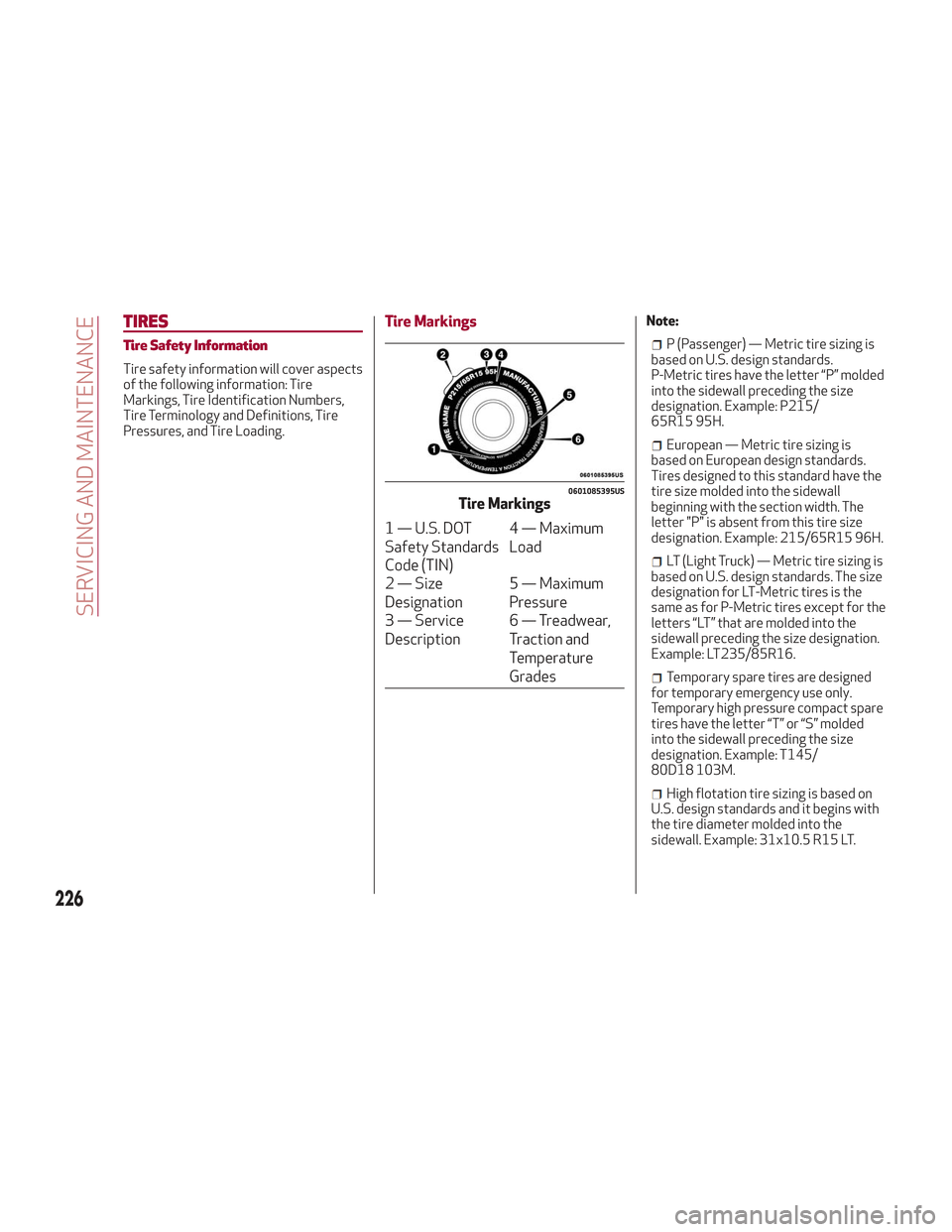 Alfa Romeo Stelvio 2018 Owners Manual TIRES
Tire Safety Information
Tire safety information will cover aspects
of the following information: Tire
Markings, Tire Identification Numbers,
Tire Terminology and Definitions, Tire
Pressures, and Alfa Romeo Stelvio 2018 Owners Manual TIRES
Tire Safety Information
Tire safety information will cover aspects
of the following information: Tire
Markings, Tire Identification Numbers,
Tire Terminology and Definitions, Tire
Pressures, and