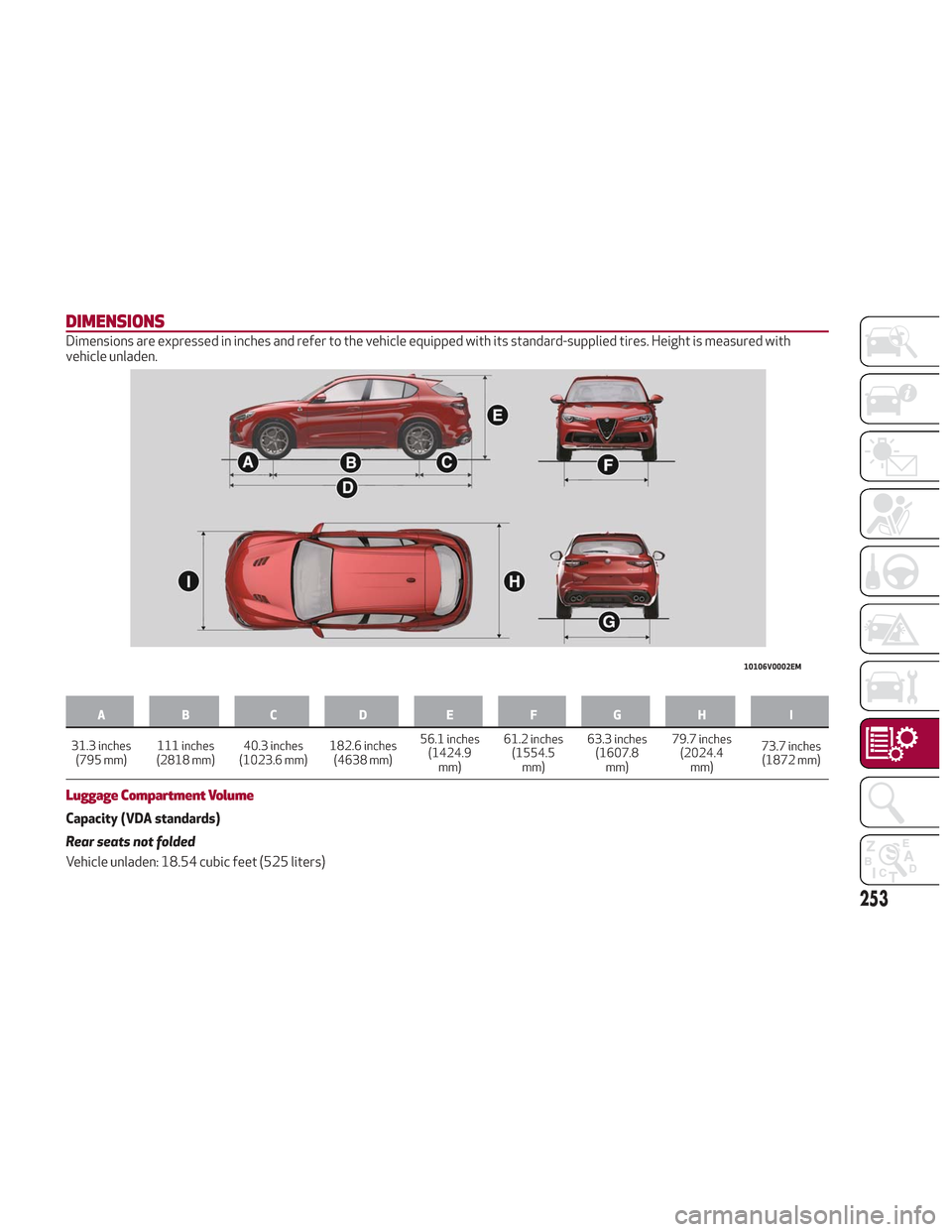 Alfa Romeo Stelvio 2018  Owners Manual DIMENSIONS
Dimensions are expressed in inches and refer to the vehicle equipped with its standard-supplied tires. Height is measured with
vehicle unladen.
AB C D EFGH I
31.3 inches (795
 mm) 111 inche