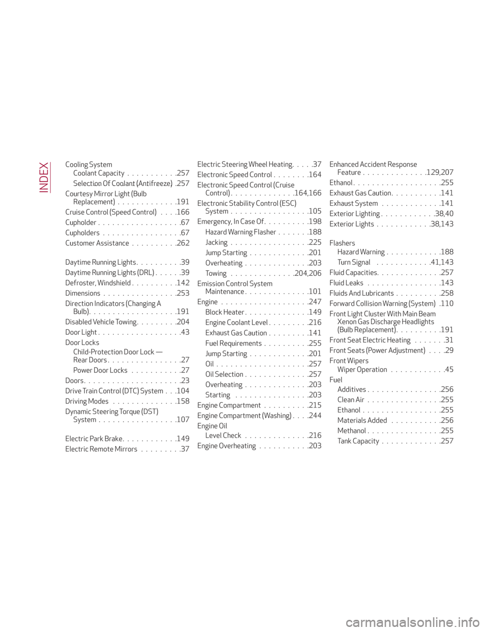Alfa Romeo Stelvio 2018 Owners Manual Cooling SystemCoolant Capacity ...........257
Selection Of Coolant (Antifreeze) ..................... .257
Courtesy Mirror Light (Bulb Replacement) .............191
Cruise Control (Speed Control) . . Alfa Romeo Stelvio 2018 Owners Manual Cooling SystemCoolant Capacity ...........257
Selection Of Coolant (Antifreeze) ..................... .257
Courtesy Mirror Light (Bulb Replacement) .............191
Cruise Control (Speed Control) . .