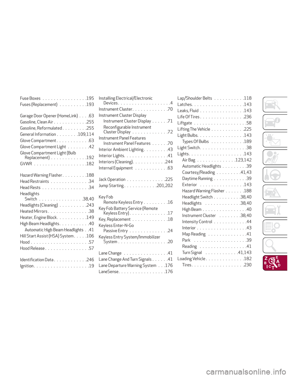 Alfa Romeo Stelvio 2018 Owners Manual Fuse Boxes............... .195
Fuses (Replacement) ..........193
Garage Door Opener (HomeLink) ....63
Gasoline, Clean Air ............255
Gasoline, Reformulated .........255
General Information ...... Alfa Romeo Stelvio 2018 Owners Manual Fuse Boxes............... .195
Fuses (Replacement) ..........193
Garage Door Opener (HomeLink) ....63
Gasoline, Clean Air ............255
Gasoline, Reformulated .........255
General Information ......