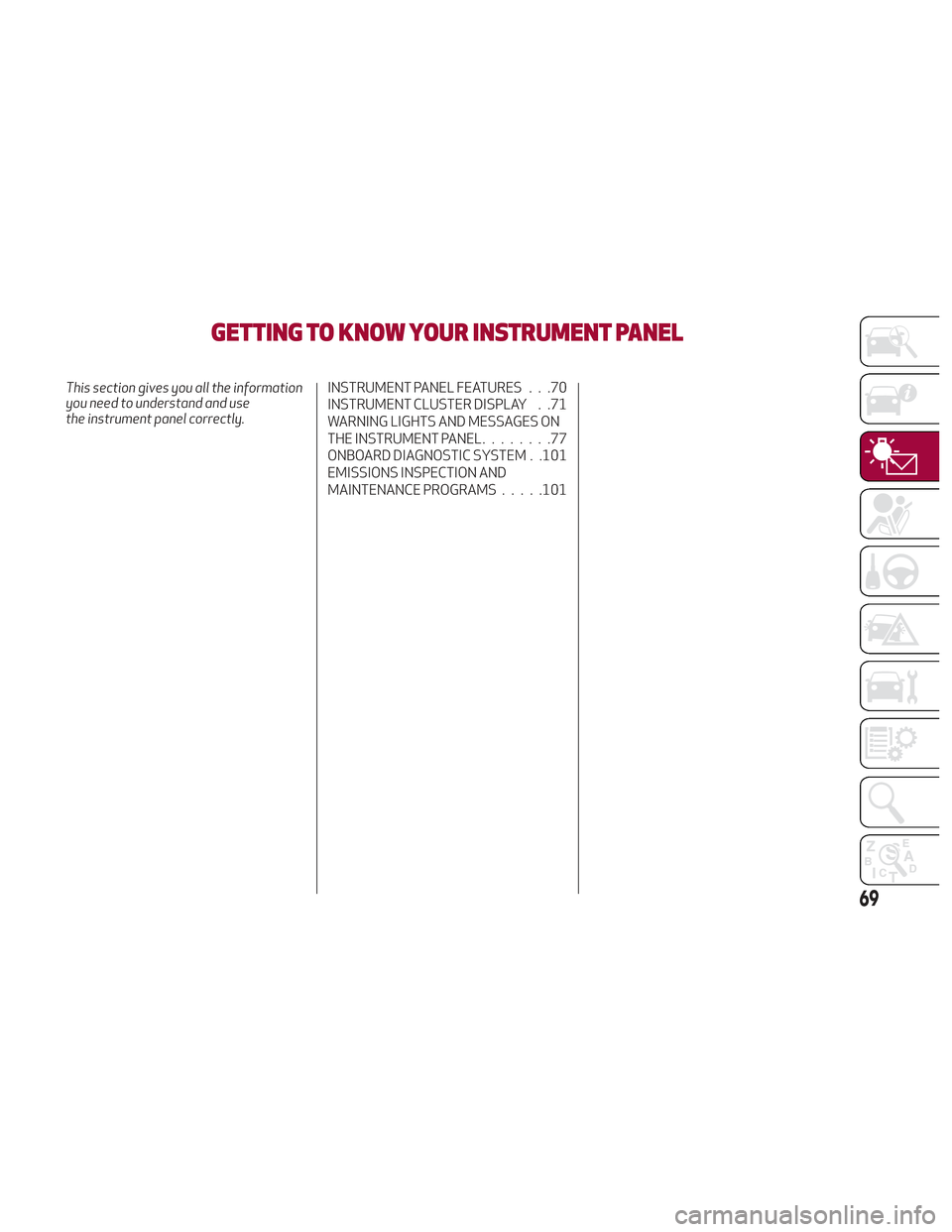 Alfa Romeo Stelvio 2018 Manual PDF GETTING TO KNOW YOUR INSTRUMENT PANEL
This section gives you all the information
you need to understand and use
the instrument panel correctly.INSTRUMENT PANEL FEATURES . . .70
INSTRUMENT CLUSTER DISP Alfa Romeo Stelvio 2018 Manual PDF GETTING TO KNOW YOUR INSTRUMENT PANEL
This section gives you all the information
you need to understand and use
the instrument panel correctly.INSTRUMENT PANEL FEATURES . . .70
INSTRUMENT CLUSTER DISP