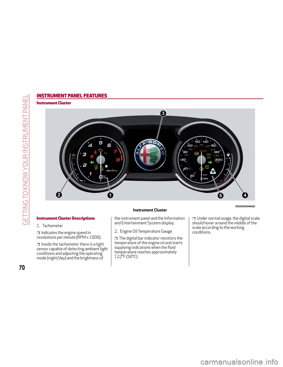 Alfa Romeo Stelvio 2018 Manual PDF INSTRUMENT PANEL FEATURES
Instrument Cluster
Instrument Cluster Descriptions
1. Tachometer
Indicates the engine speed in
revolutions per minute (RPM x 1000).
Inside the tachometer there is a light
sen Alfa Romeo Stelvio 2018 Manual PDF INSTRUMENT PANEL FEATURES
Instrument Cluster
Instrument Cluster Descriptions
1. Tachometer
Indicates the engine speed in
revolutions per minute (RPM x 1000).
Inside the tachometer there is a light
sen
