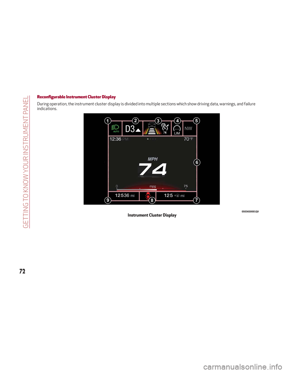 Alfa Romeo Stelvio 2018  Owners Manual Reconfigurable Instrument Cluster Display
During operation, the instrument cluster display is divided into multiple sections which show driving data, warnings, and failure
indications.
05036S0001QVIns