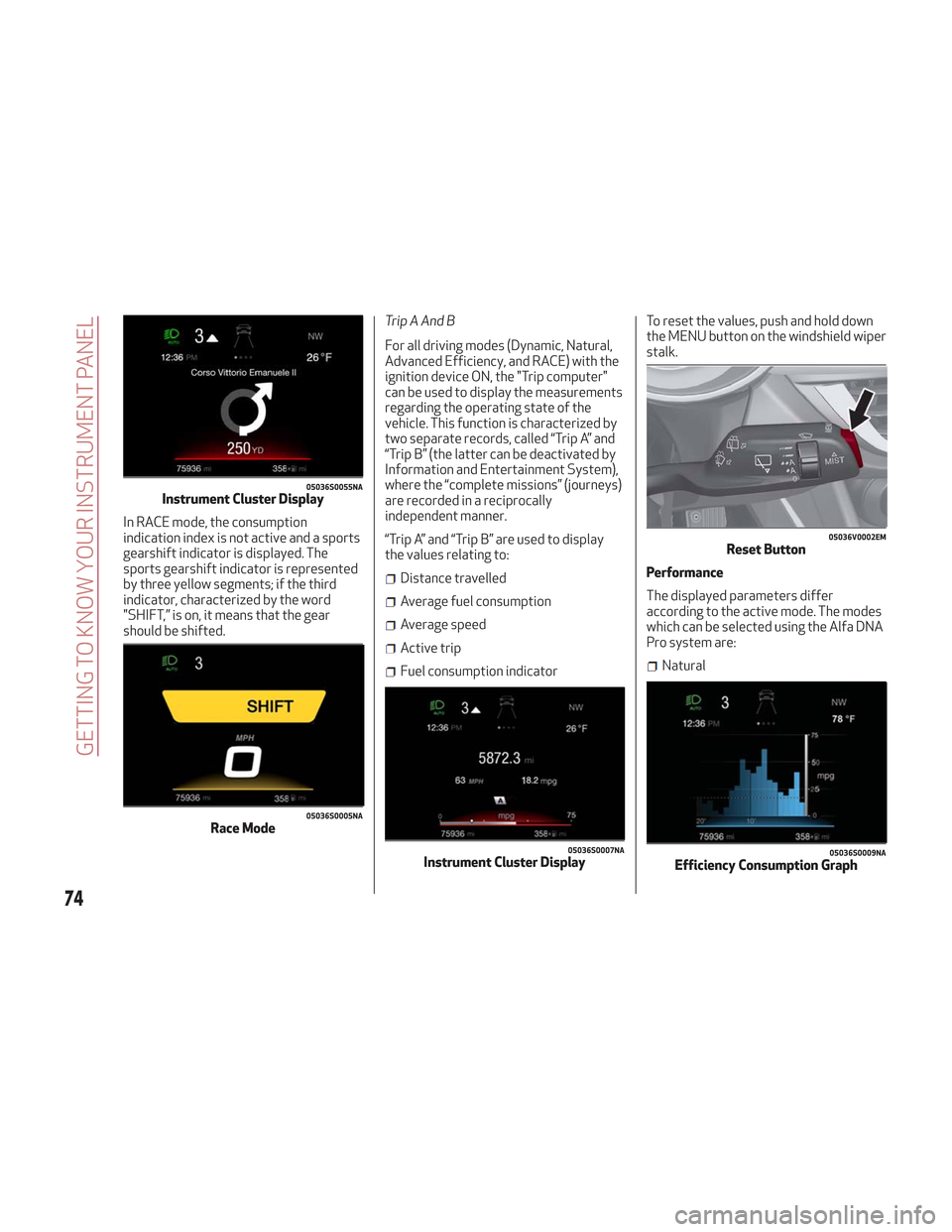 Alfa Romeo Stelvio 2018  Owners Manual In RACE mode, the consumption
indication index is not active and a sports
gearshift indicator is displayed. The
sports gearshift indicator is represented
by three yellow segments; if the third
indicat