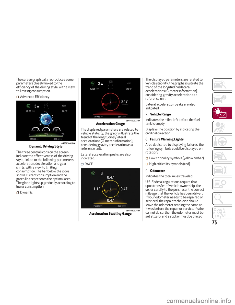 Alfa Romeo Stelvio 2018 Manual PDF The screen graphically reproduces some
parameters closely linked to the
efficiency of the driving style, with a view
to limiting consumption.
Advanced Efficiency
The three central icons on the screen
Alfa Romeo Stelvio 2018 Manual PDF The screen graphically reproduces some
parameters closely linked to the
efficiency of the driving style, with a view
to limiting consumption.
Advanced Efficiency
The three central icons on the screen