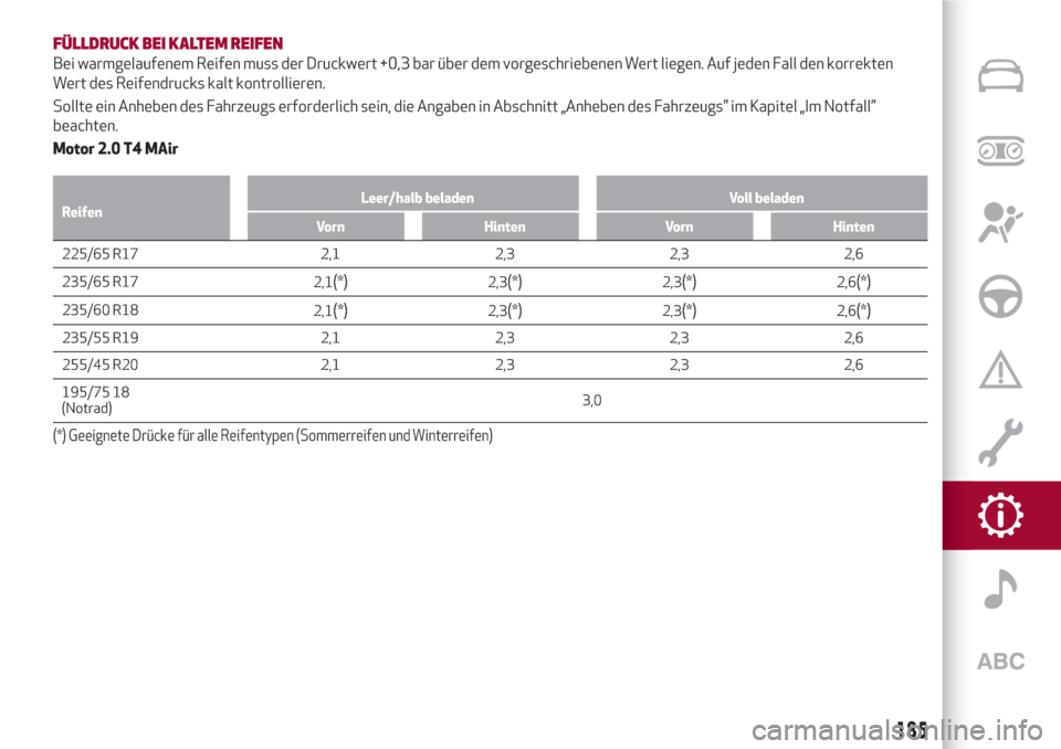 Alfa Romeo Stelvio 2017  Betriebsanleitung (in German) FÜLLDRUCK BEI KALTEM REIFEN
Bei warmgelaufenem Reifen muss der Druckwert +0,3 bar über dem vorgeschriebenen Wert liegen. Auf jeden Fall den korrekten
Wert des Reifendrucks kalt kontrollieren.
Sollte