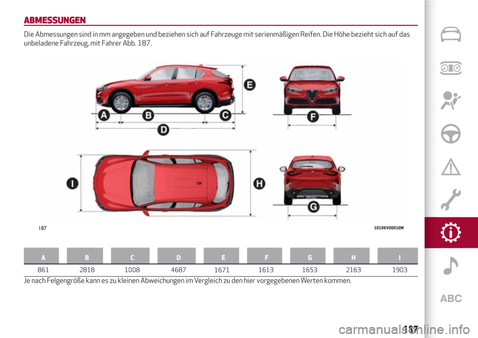 Alfa Romeo Stelvio 2017  Betriebsanleitung (in German) ABMESSUNGEN
Die Abmessungen sind in mm angegeben und beziehen sich auf Fahrzeuge mit serienmäßigen Reifen. Die Höhe bezieht sich auf das
unbeladene Fahrzeug, mit Fahrer Abb. 187.
AB C D EFGH I
Je n