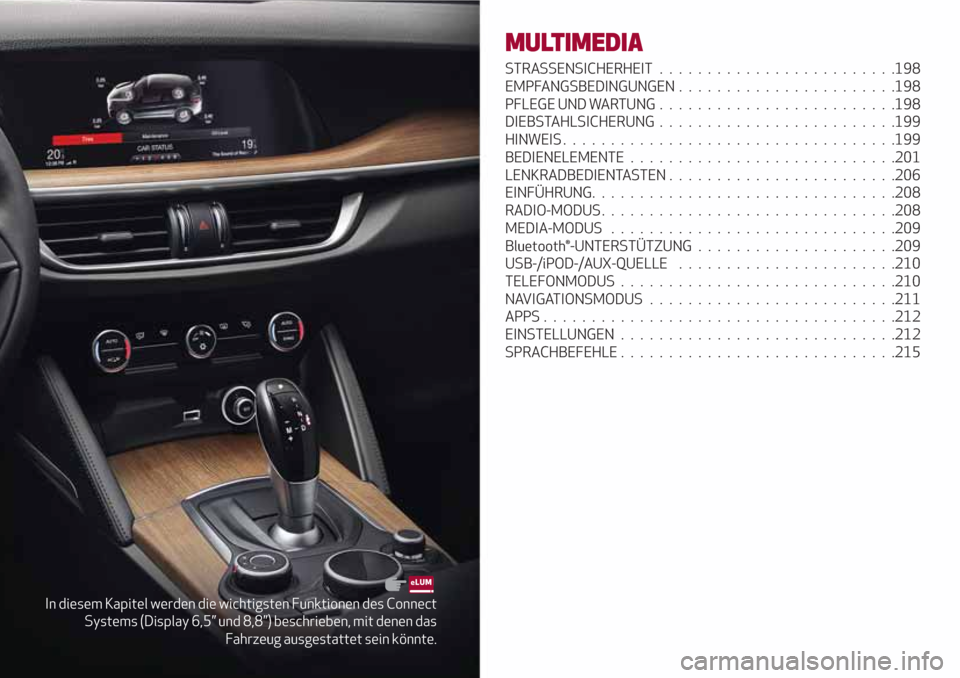 Alfa Romeo Stelvio 2017  Betriebsanleitung (in German) In diesem Kapitel werden die wichtigsten Funktionen des Connect
Systems (Display 6,5” und 8,8”) beschrieben, mit denen das
Fahrzeug ausgestattet sein könnte.
MULTIMEDIA
STRASSENSICHERHEIT........