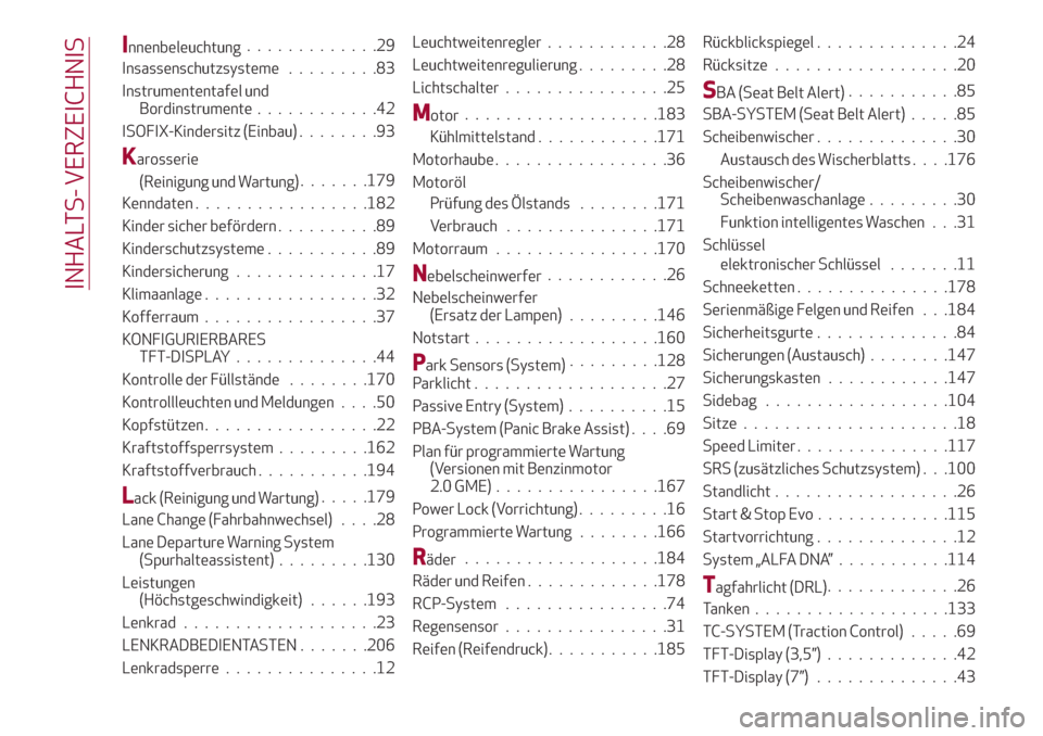 Alfa Romeo Stelvio 2017  Betriebsanleitung (in German) Innenbeleuchtung.............29
Insassenschutzsysteme.........83
Instrumententafel und
Bordinstrumente............42
ISOFIX-Kindersitz (Einbau)........93
Karosserie
(Reinigung und Wartung).......179
K