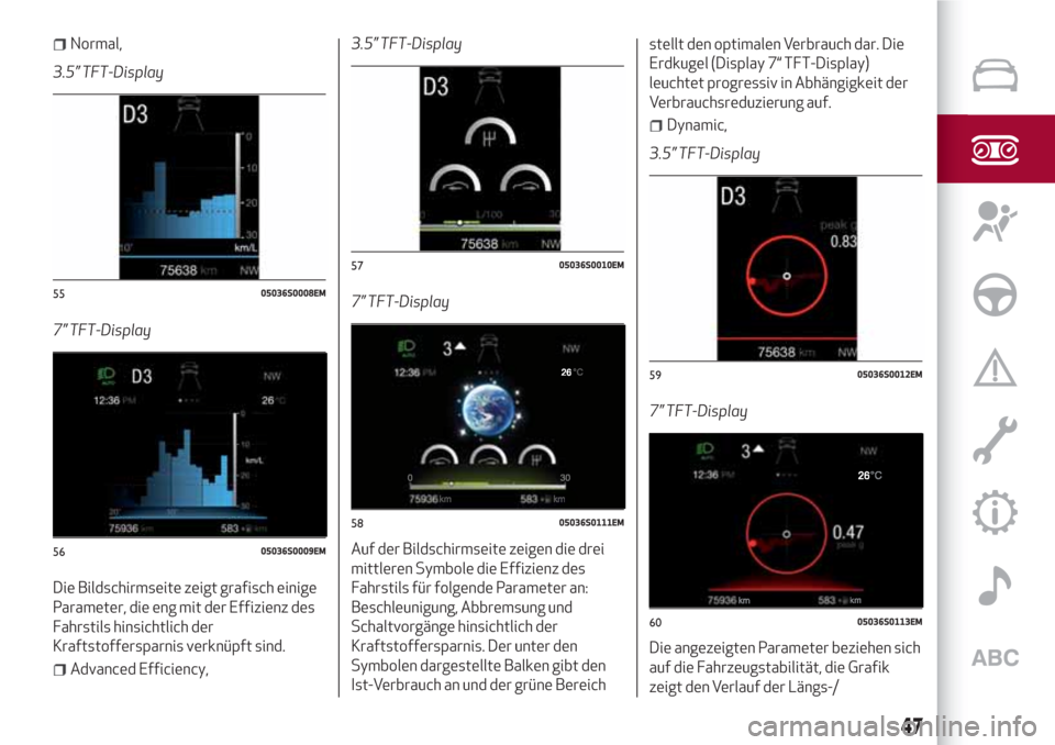 Alfa Romeo Stelvio 2017  Betriebsanleitung (in German) Normal,
3.5” TFT-Display
7” TFT-Display
Die Bildschirmseite zeigt grafisch einige
Parameter, die eng mit der Effizienz des
Fahrstils hinsichtlich der
Kraftstoffersparnis verknüpft sind.
Advanced 