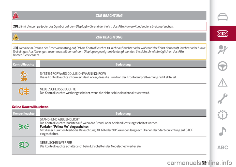 Alfa Romeo Stelvio 2017  Betriebsanleitung (in German) ZUR BEACHTUNG
28)Blinkt die Lampe (oder das Symbol auf dem Display) während der Fahrt, das Alfa Romeo-Kundendienstnetz aufsuchen.
ZUR BEACHTUNG
13)Wenn beim Drehen der Startvorrichtung auf ON die Kon