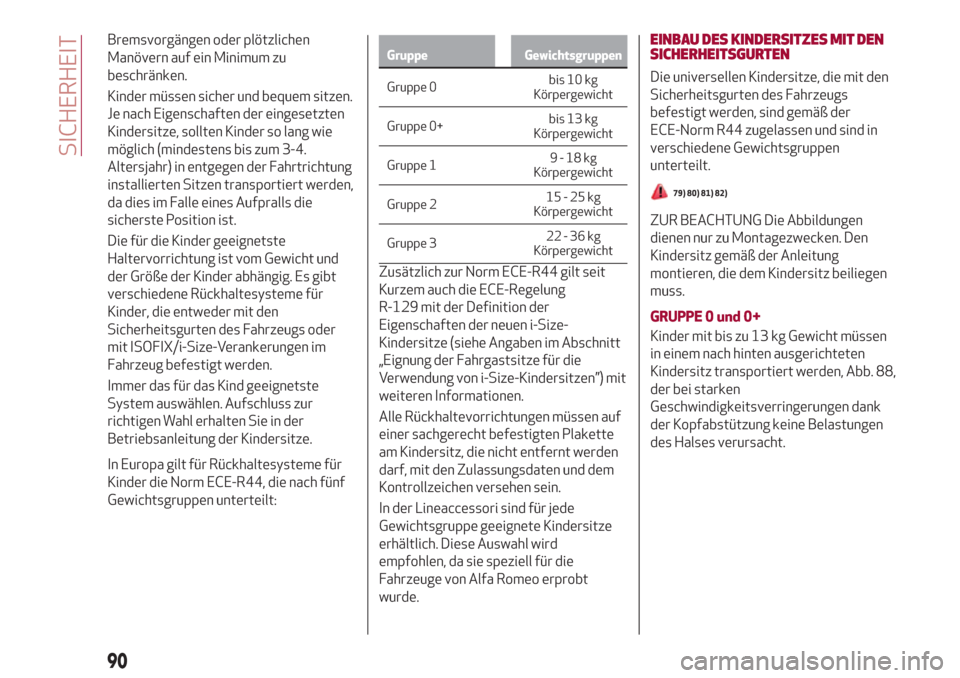 Alfa Romeo Stelvio 2017  Betriebsanleitung (in German) Bremsvorgängen oder plötzlichen
Manövern auf ein Minimum zu
beschränken.
Kinder müssen sicher und bequem sitzen.
Je nach Eigenschaften der eingesetzten
Kindersitze, sollten Kinder so lang wie
mö