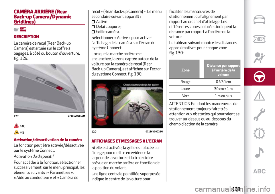 Alfa Romeo Stelvio 2017 Manuel du propriétaire (in French) CAMÉRA ARRIÈRE (Rear
Back-up Camera/Dynamic
Gridlines)
DESCRIPTION
La caméra de recul (Rear Back-up
Camera) est située sur le coffre Ã
bagages, à côté du bouton douverture,
fig. 129.
122)
50) Alfa Romeo Stelvio 2017 Manuel du propriétaire (in French) CAMÉRA ARRIÈRE (Rear
Back-up Camera/Dynamic
Gridlines)
DESCRIPTION
La caméra de recul (Rear Back-up
Camera) est située sur le coffre Ã
bagages, à côté du bouton douverture,
fig. 129.
122)
50)