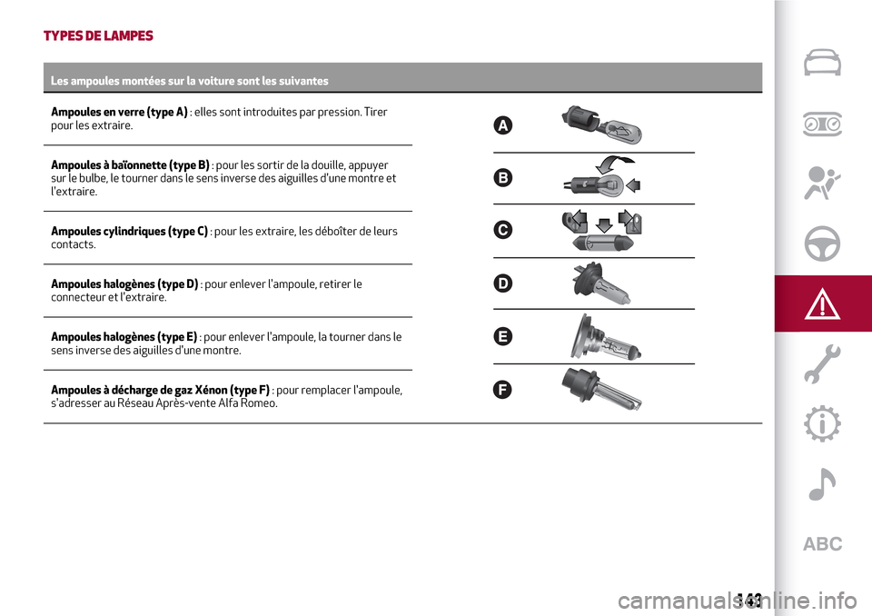 Alfa Romeo Stelvio 2017  Manuel du propriétaire (in French) TYPES DE LAMPES
Les ampoules montées sur la voiture sont les suivantes
Ampoules en verre (type A): elles sont introduites par pression. Tirer
pour les extraire.
Ampoules à baïonnette (type B): pour