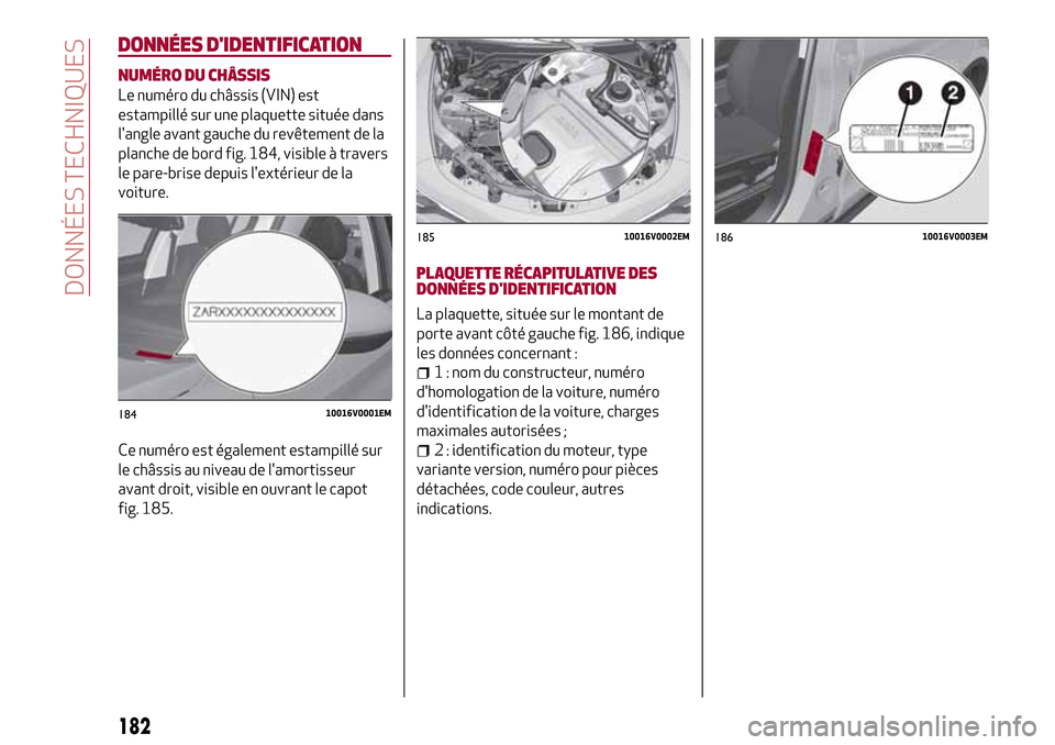 Alfa Romeo Stelvio 2017 Manuel du propriétaire (in French) DONNÉES DIDENTIFICATION
NUMÉRO DU CHÂSSIS
Le numéro du châssis (VIN) est
estampillé sur une plaquette située dans
langle avant gauche du revêtement de la
planche de bord fig. 184, visible à Alfa Romeo Stelvio 2017 Manuel du propriétaire (in French) DONNÉES DIDENTIFICATION
NUMÉRO DU CHÂSSIS
Le numéro du châssis (VIN) est
estampillé sur une plaquette située dans
langle avant gauche du revêtement de la
planche de bord fig. 184, visible à