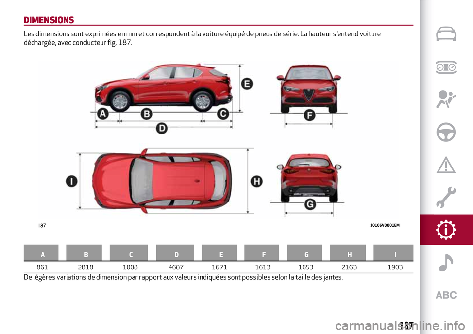 Alfa Romeo Stelvio 2017 Manuel du propriétaire (in French) DIMENSIONS
Les dimensions sont exprimées en mm et correspondent à la voiture équipé de pneus de série. La hauteur sentend voiture
déchargée, avec conducteur fig. 187.
AB C D EFGH I
De légère Alfa Romeo Stelvio 2017 Manuel du propriétaire (in French) DIMENSIONS
Les dimensions sont exprimées en mm et correspondent à la voiture équipé de pneus de série. La hauteur sentend voiture
déchargée, avec conducteur fig. 187.
AB C D EFGH I
De légère