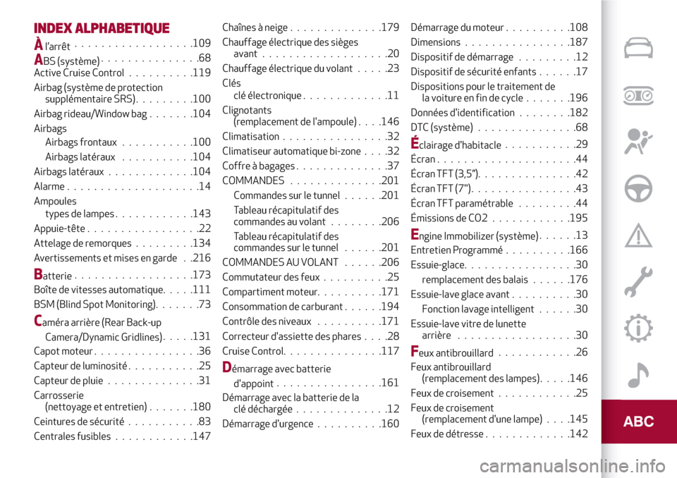 Alfa Romeo Stelvio 2017  Manuel du propriétaire (in French) INDEX ALPHABETIQUE
Àl’arrêt..................109
ABS (système)...............68
Active Cruise Control..........119
Airbag (système de protection
supplémentaire SRS).........100
Airbag rideau/Wi