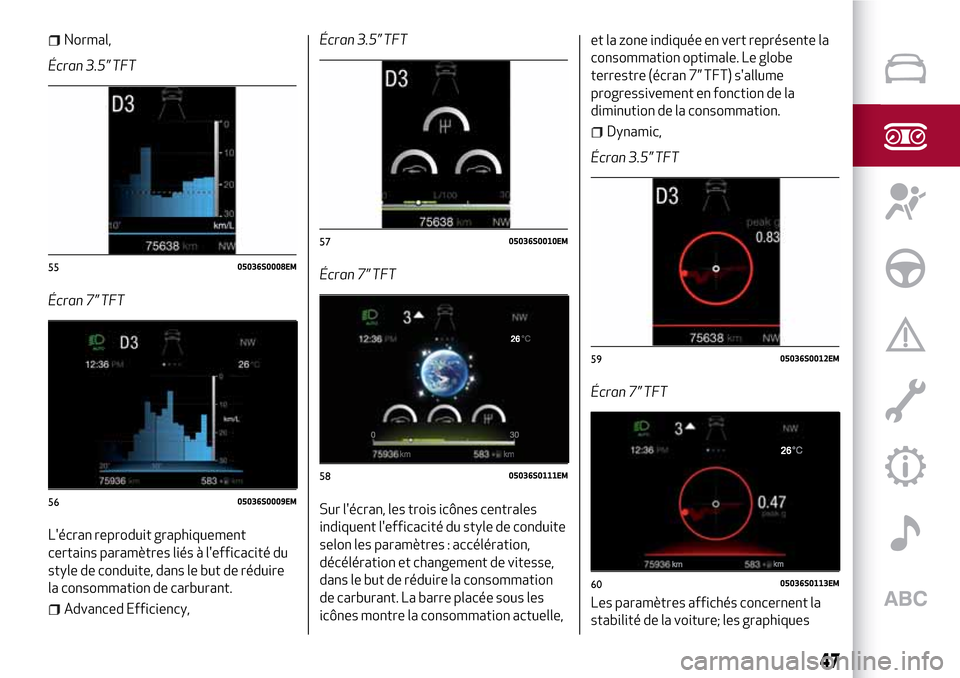 Alfa Romeo Stelvio 2017  Manuel du propriétaire (in French) Normal,
Écran 3.5” TFT
Écran 7” TFT
Lécran reproduit graphiquement
certains paramètres liés à lefficacité du
style de conduite, dans le but de réduire
la consommation de carburant.
Advan