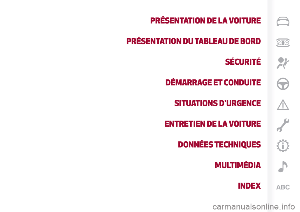 Alfa Romeo Stelvio 2017 Manuel du propriétaire (in French) PRÉSENTATION DE LA VOITURE
PRÉSENTATION DU TABLEAU DE BORD
SÉCURITÉ
DÉMARRAGE ET CONDUITE
SITUATIONS DURGENCE
ENTRETIEN DE LA VOITURE
DONNÉES TECHNIQUES
MULTIMÉDIA
INDEX Alfa Romeo Stelvio 2017 Manuel du propriétaire (in French) PRÉSENTATION DE LA VOITURE
PRÉSENTATION DU TABLEAU DE BORD
SÉCURITÉ
DÉMARRAGE ET CONDUITE
SITUATIONS DURGENCE
ENTRETIEN DE LA VOITURE
DONNÉES TECHNIQUES
MULTIMÉDIA
INDEX