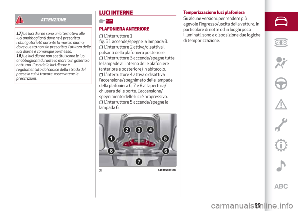 Alfa Romeo Stelvio 2017  Manuale del proprietario (in Italian) ATTENZIONE
17)Le luci diurne sono unalternativa alle
luci anabbaglianti dove ne è prescritta
lobbligatorietà durante la marcia diurna;
dove questa non sia prescritta, lutilizzo delle
luci diurne 