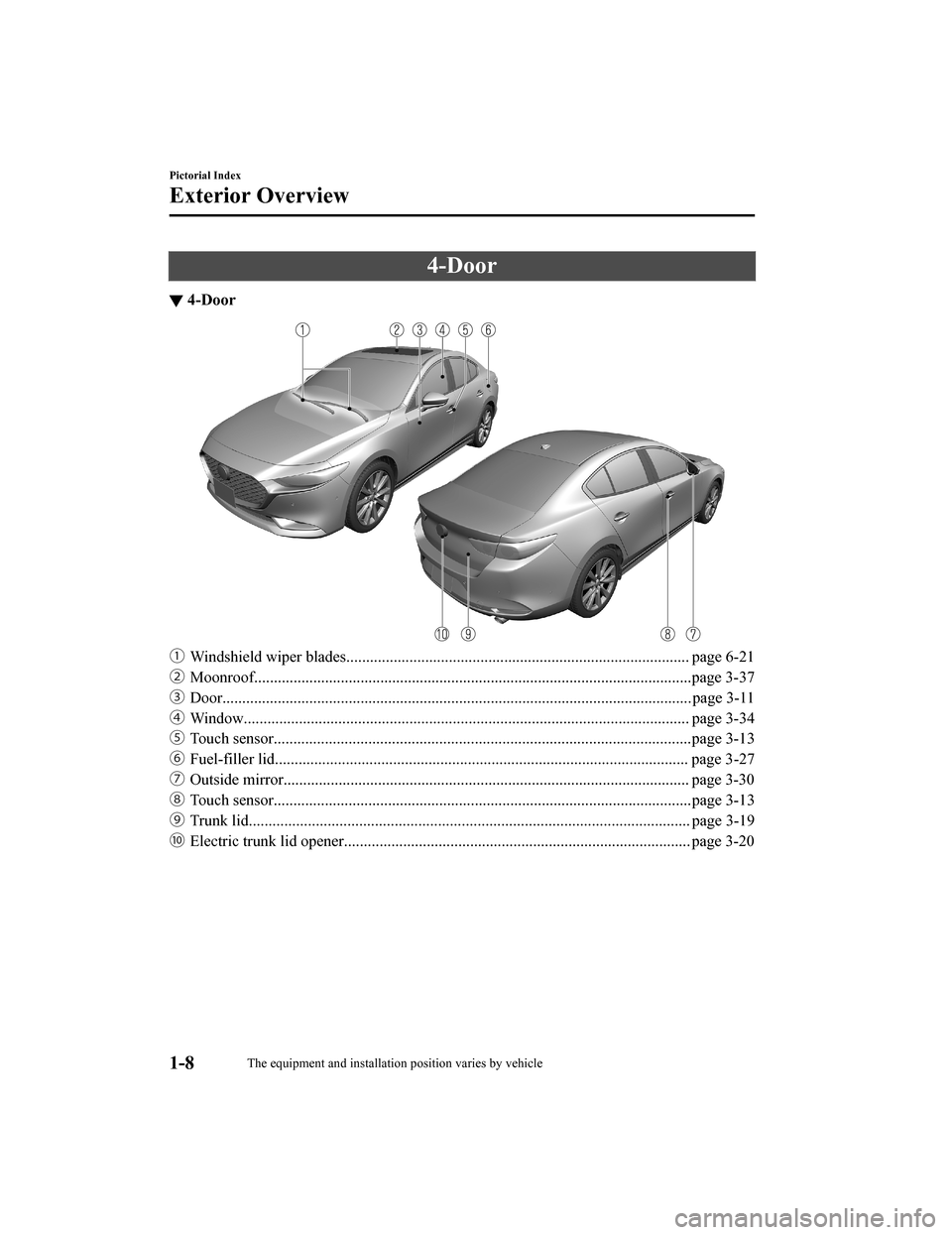 MAZDA MODEL 3 HATCHBACK 2020   (in English) User Guide 4-Door
▼4-Door
ƒ
Windshield wiper blades........................................ ............................................... page 6-21
„ Moonroof............................................