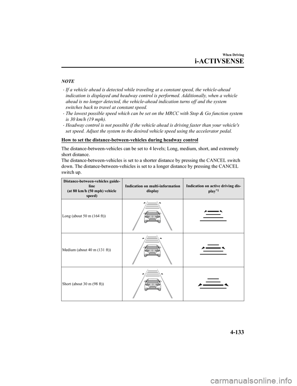 MAZDA MODEL 3 HATCHBACK 2020 (in English) Manual PDF NOTE
If a vehicle ahead is detected while traveling at a constant speed, the vehicle-ahead
indication is displayed and headway control is performed. Additionally, when a vehicle
ahead is no longer MAZDA MODEL 3 HATCHBACK 2020 (in English) Manual PDF NOTE
If a vehicle ahead is detected while traveling at a constant speed, the vehicle-ahead
indication is displayed and headway control is performed. Additionally, when a vehicle
ahead is no longer