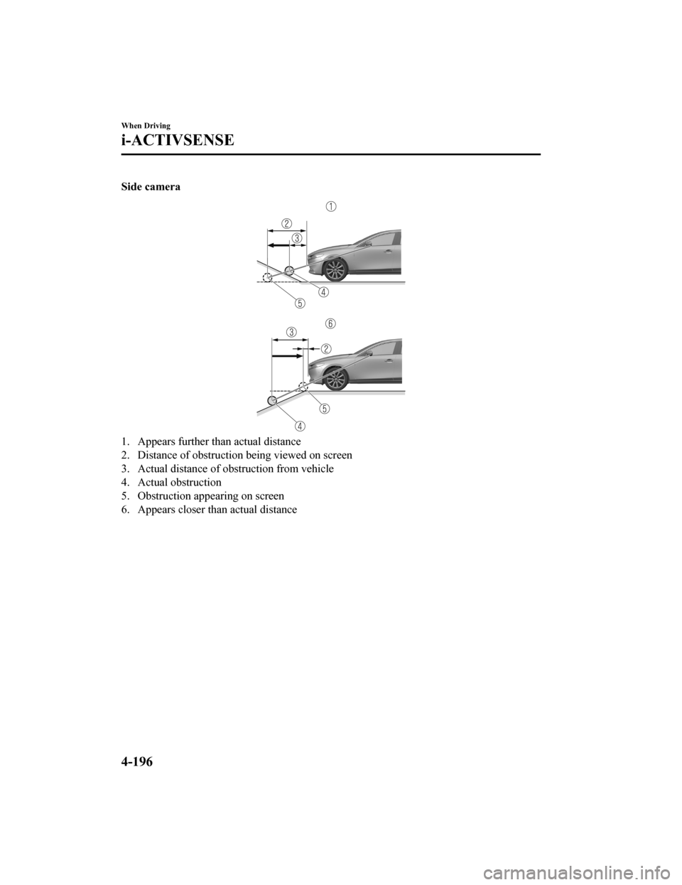 MAZDA MODEL 3 HATCHBACK 2020  Owners Manual (in English) Side camera
1. Appears further than actual distance
2. Distance of obstruction being viewed on screen
3. Actual distance of obstruction from vehicle
4. Actual obstruction
5. Obstruction appearing on s