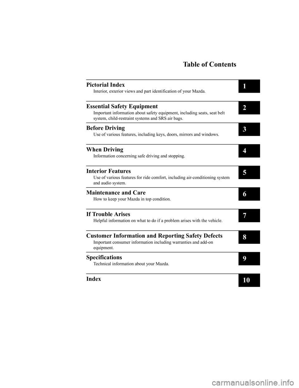 MAZDA MODEL 3 HATCHBACK 2020  Owners Manual (in English) Table of Contents
Pictorial Index
Interior, exterior views and part identification of your Mazda.1
Essential Safety Equipment
Important information about safet y equipment, including seats, seat belt
