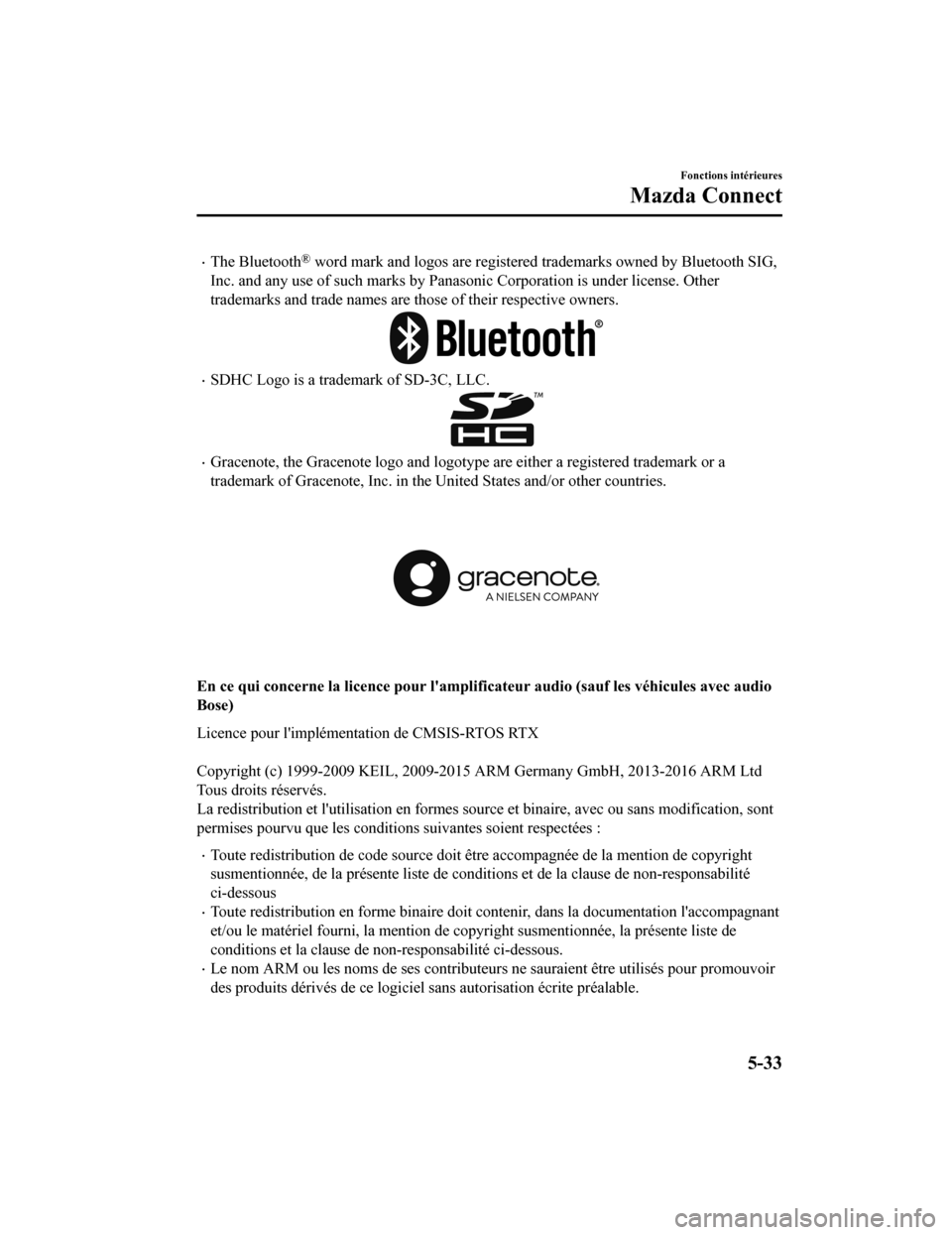 MAZDA MODEL 3 HATCHBACK 2020  Manuel du propriétaire (in French) The Bluetooth® word mark and logos are registered trademarks owned by Bluetooth SIG,
Inc. and any use of such marks by Panasonic Corporation is unde r license. Other
trademarks and trade names are