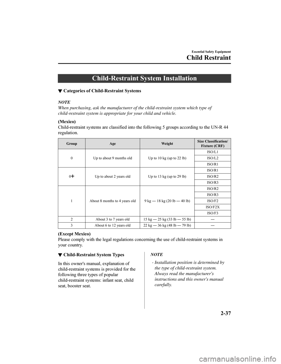 MAZDA MODEL 3 HATCHBACK 2019  Owners Manual (in English) Child-Restraint System Installation
▼Categories of Child-Restraint Systems
NOTE
When purchasing, ask the manufacturer of the child-restraint system which type of
child-restraint system is appropriat