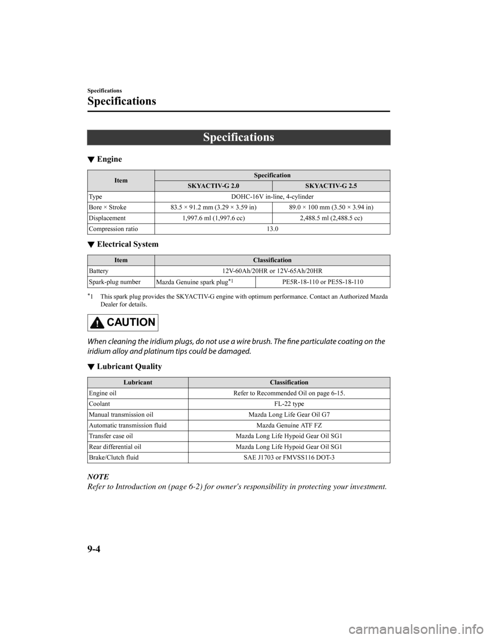 MAZDA MODEL 3 HATCHBACK 2019 (in English) Service Manual Specifications
▼Engine
Item Specification
SKYACTIV-G 2.0 SKYACTIV-G 2.5
Type DOHC-16V in-line, 4-cylinder
Bore × Stroke 83.5 × 91.2 mm (3.29 × 3.59 in) 89.0 × 100 mm (3.50 × 3.94 in)
Displacem MAZDA MODEL 3 HATCHBACK 2019 (in English) Service Manual Specifications
▼Engine
Item Specification
SKYACTIV-G 2.0 SKYACTIV-G 2.5
Type DOHC-16V in-line, 4-cylinder
Bore × Stroke 83.5 × 91.2 mm (3.29 × 3.59 in) 89.0 × 100 mm (3.50 × 3.94 in)
Displacem