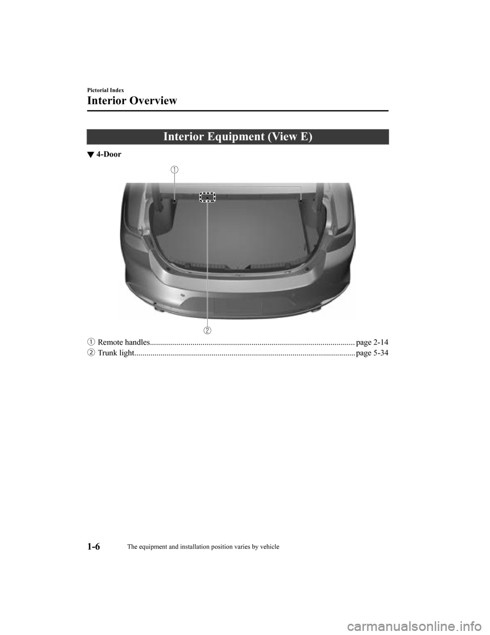 MAZDA MODEL 3 HATCHBACK 2019  Owners Manual (in English) Interior Equipment (View E)
▼4-Door
ƒ
Remote handles................................................. .................................................... page 2-14
„ Trunk light...............