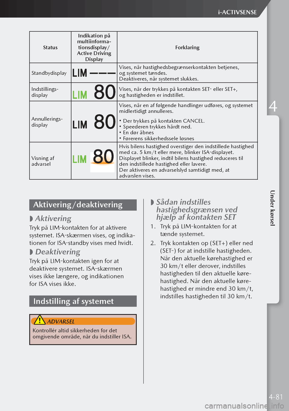 MAZDA MODEL 3 HATCHBACK 2019 Instruktionsbog (in Danish) StatusIndikation på
multiinforma-tionsdisplay/
Active Driving Display Forklaring
Standbydisplay
Vises, når hastighedsbegrænserkontakten betjenes,
og systemet tændes.
Deaktiveres, når systemet MAZDA MODEL 3 HATCHBACK 2019 Instruktionsbog (in Danish) StatusIndikation på
multiinforma-tionsdisplay/
Active Driving Display Forklaring
Standbydisplay
Vises, når hastighedsbegrænserkontakten betjenes,
og systemet tændes.
Deaktiveres, når systemet