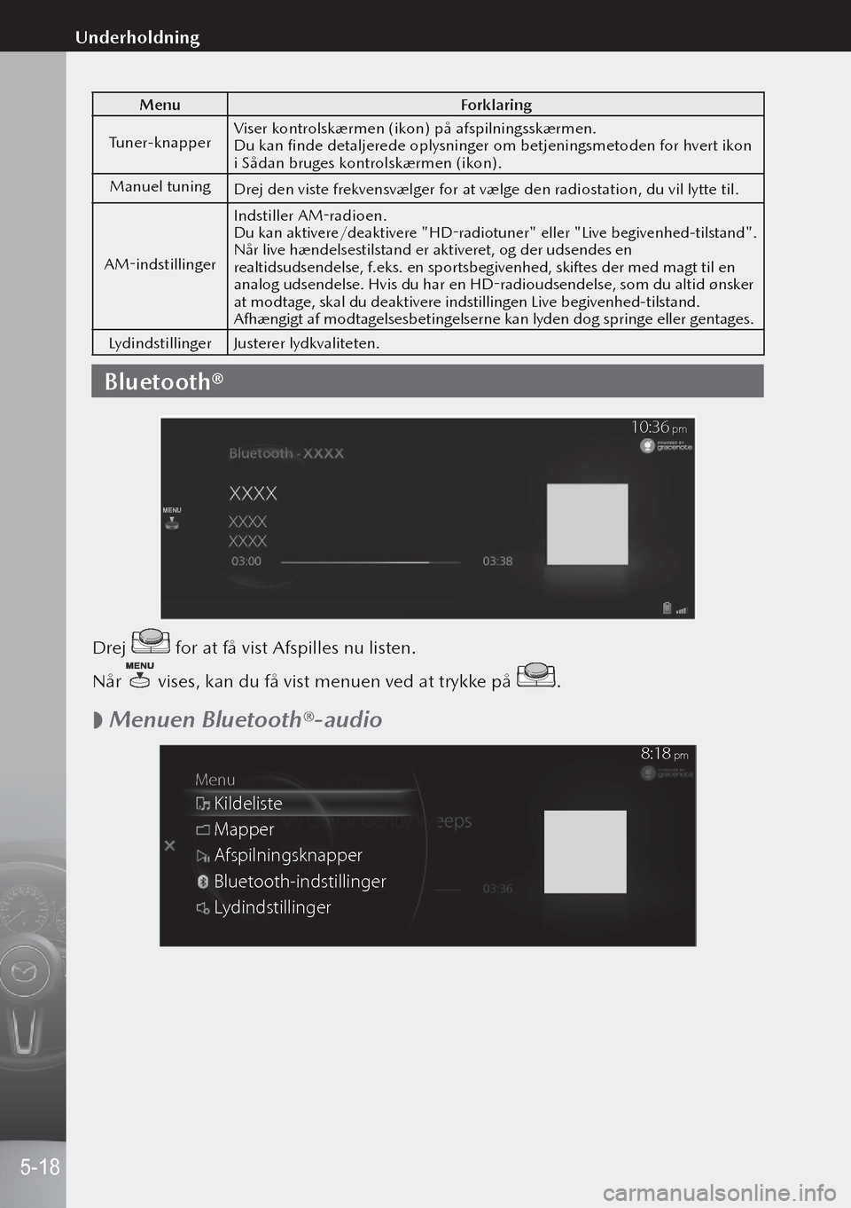 MAZDA MODEL 3 HATCHBACK 2019  Instruktionsbog (in Danish) MenuForklaring
Tuner-knapper Viser kontrolskærmen (ikon) på afspilningsskærmen.
Du kan finde detaljerede oplysninger om betjeningsmetoden for hvert ikon 
i Sådan bruges kontrolskærmen (ikon).
Man