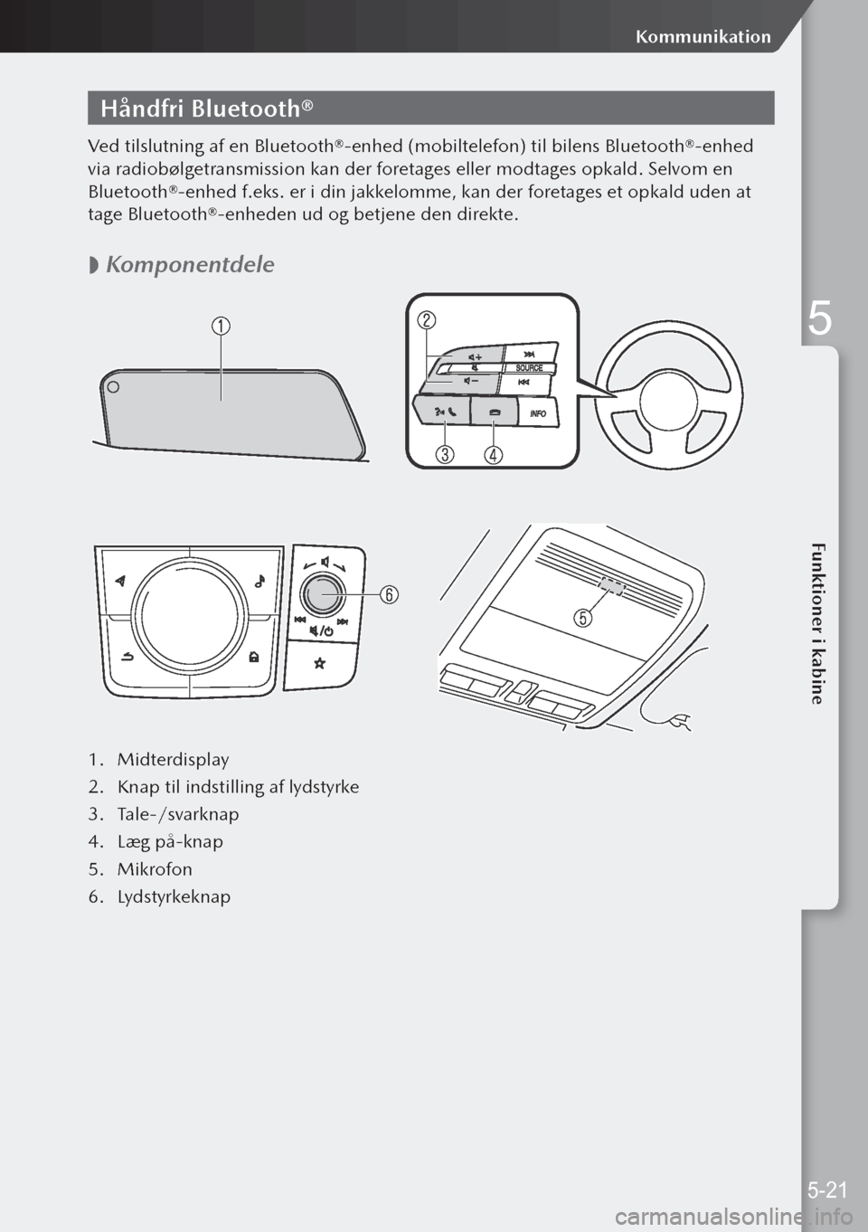 MAZDA MODEL 3 HATCHBACK 2019  Instruktionsbog (in Danish) Håndfri Bluetooth®
Ved tilslutning af en Bluetooth®-enhed (mobiltelefon) til bilens Bluetooth®-enhed 
via radiobølgetransmission kan der foretages eller modtages opkald. Selvom en 
Bluetooth®-en