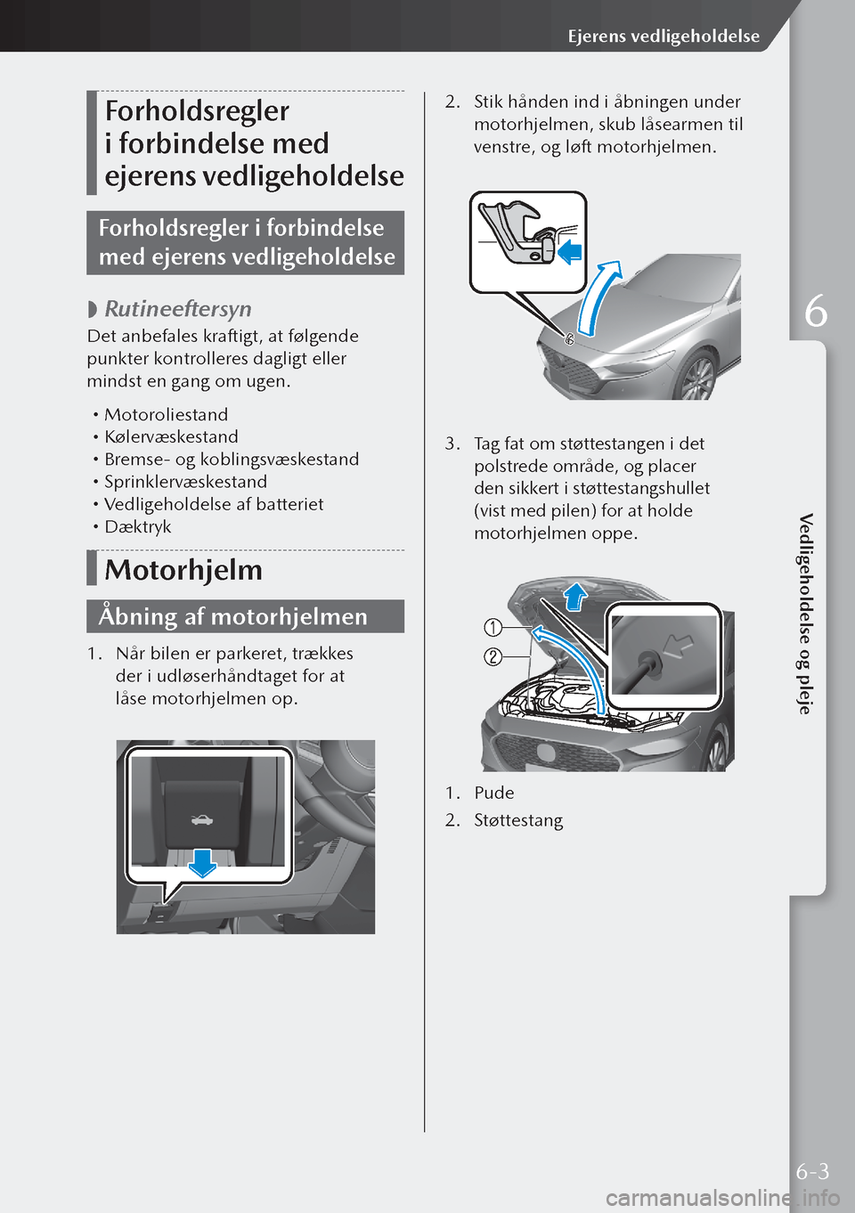 MAZDA MODEL 3 HATCHBACK 2019  Instruktionsbog (in Danish) Forholdsregler 
i forbindelse med 
ejerens vedligeholdelse
Forholdsregler i forbindelse 
med ejerens vedligeholdelse
 
 Rutineeftersyn
Det anbefales kraftigt, at følgende 
punkter kontrolleres dag
