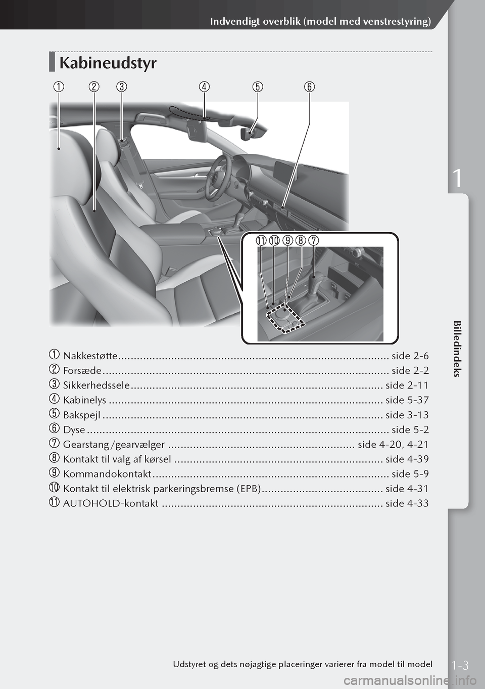 MAZDA MODEL 3 HATCHBACK 2019  Instruktionsbog (in Danish) Kabineudstyr
 Nakkestøtte  ........................................................................\
............... side 2-6
 Forsæde  ..............................................................